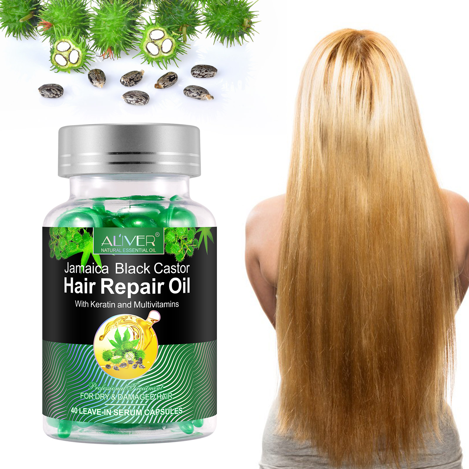 Castor Oil Hair Growth Capsules by Aliver, 40 Leave-in Serum Capsules ...