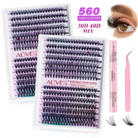 Aliver DIY Lash Extension Kit, 560pcs Individual Lashes Cluster Eyelash Extension Kit | 2PC 30D+40D 9-16mm Mix Lash Clusters with 1PC Lash Bond & Seal Glue + 1PC Tweezers