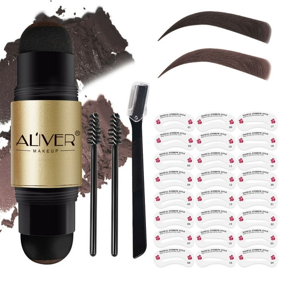 Aliver Eyebrow Stamp Eyebrow Stencil Shaping Kit One Step Natural Brow Powder,Medium Brown+Dark Brown