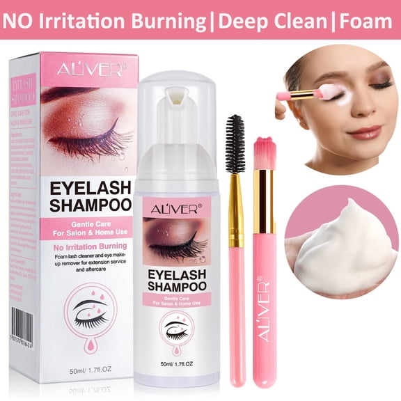 Aliver Eyelash Extension Foam Shampoo 50ml with Brushes,No-Irritation Burning,Eyelash Extension Cleanser,Eyelid Cleanser for Makeup Remover
