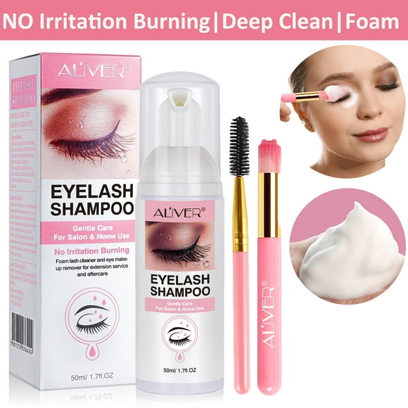 Aliver Eyelash Extension Foam Shampoo 50ml with Brushes,No-Irritation Burning,Eyelash Extension Cleanser,Eyelid Cleanser for Makeup Remover