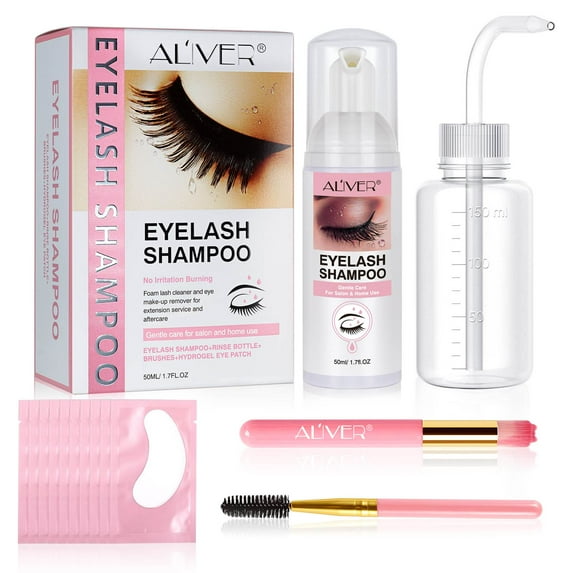 Aliver Eyelash Shampoo 50ml + Rinse Bottle + Brushes + Hydrogel Eye Patch, Eyelash Extension Cleanser, Lash Wash Bath, Lash Cleaner, Paraben & Sulfate Free for Salon and Home Use
