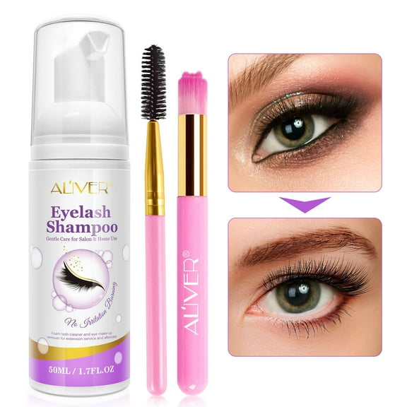 Aliver Eyelash Shampoo 50ml + Wand + Brush Eyelash Cleanser Lash Extensions Wash Lash Wash Eyelash Enhancer Mascara, Lash Bath Lash Cleaner 1.7 oz Purple