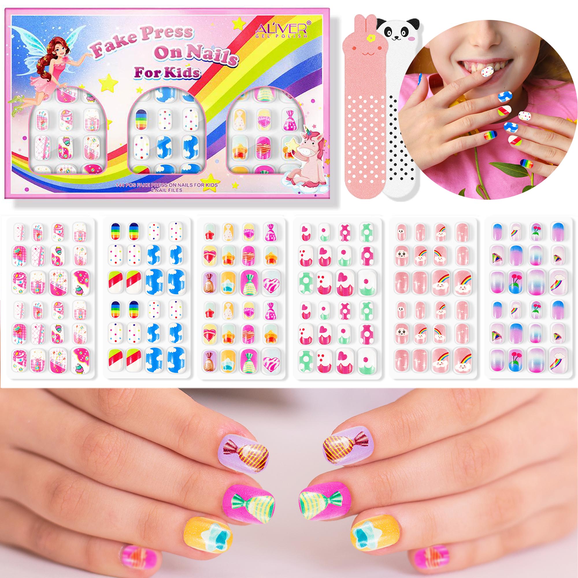 Aliver 144pc Kids Press-on Fake Nail Kit, Non-toxic, Pre-glued, Rainbow 