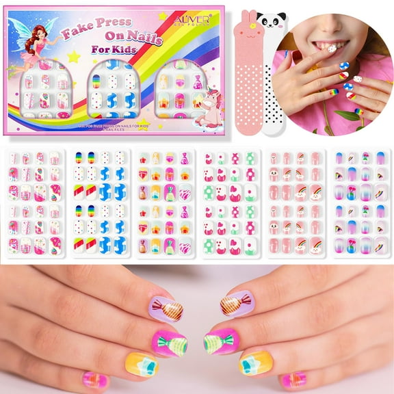 Aliver False Nail Press on Nail Kit 144 Count,Creative Gift for Little Girls, Artificial Nail Fun Gifts for Children,Rainbow Candy