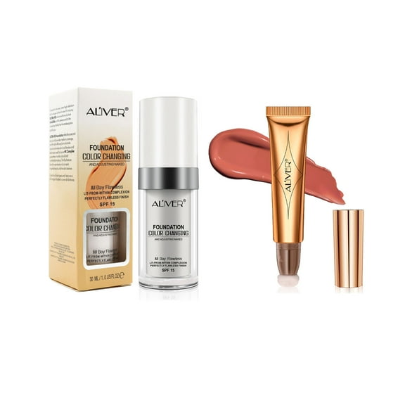 Aliver Flawless Color Changing Foundation & Multi-Purpose Stick Set-Contour Beauty Wand,Liquid Silky Texture（2#Blush Pen-Soft Rose）