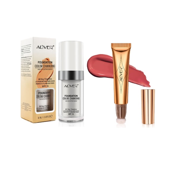 Aliver Flawless Color Changing Foundation & Multi-Purpose Stick Set-Contour Beauty Wand,Liquid Silky Texture(3#Blush Pen-Cherry Red)