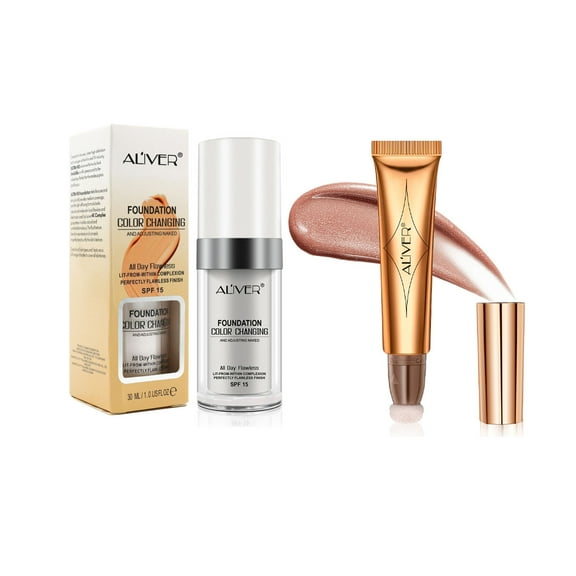 Aliver Flawless Color Changing Foundation & Multi-Purpose Stick Set-Contour Beauty Wand,Liquid Silky Texture(6#Highlighter）