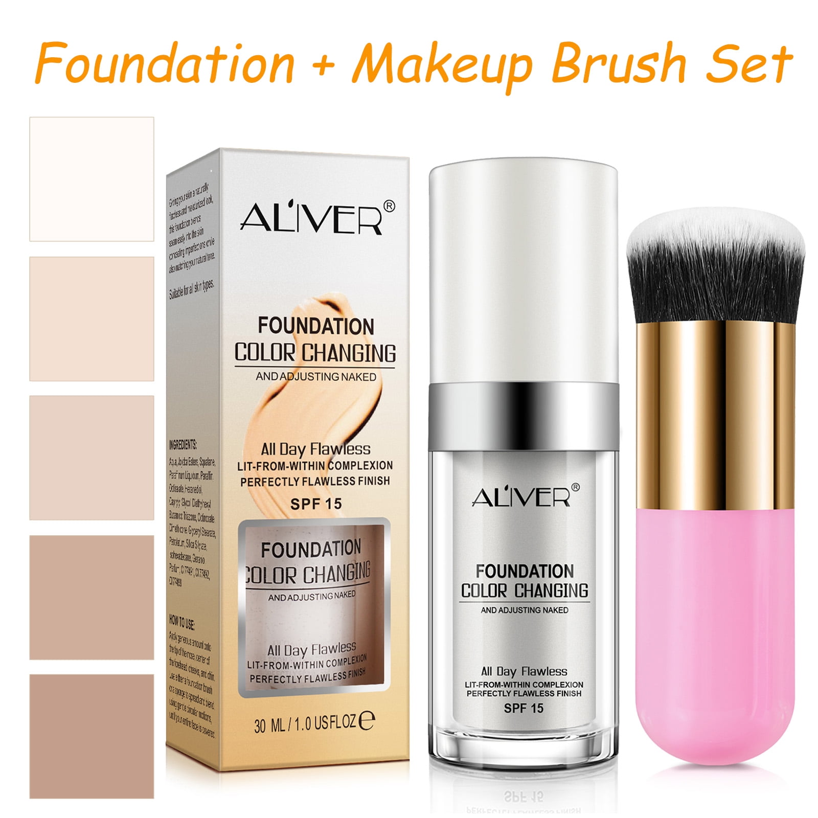 Aliver Flawless Color Changing Liquid Foundation with Versatile Makeup Brush,Warm Skin Tone Foundation,Lightweight and Silky Texture & Concealer
