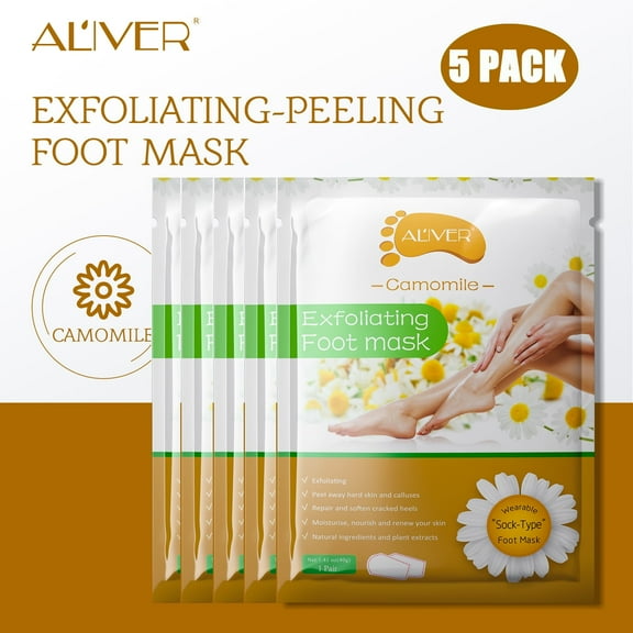 Aliver Foot Peel Mask 5 Pack, Camomile Exfoliating Foot Masks, Baby Soft Foot Peel Smooth Touch Natural Exfoliator for Dry Dead Skin, Callus, Repair Rough Heels,Gifts for Women and Men