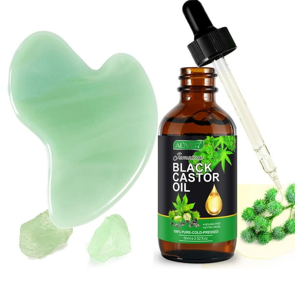 Aliver Gua Sha Tool + Black Castor Massage Oil, Natural Jade Guasha Tool for Face & Eye, for Puffiness Reducing & Jawline Sculpting, Relaxation and Reduce Puffiness, Green