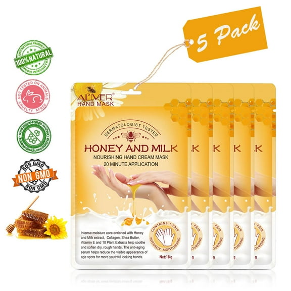Aliver Hand Mask Moisturizing Gloves for Dry, Aging, Cracked Hands (Honey & Milk) - 5 Pcs