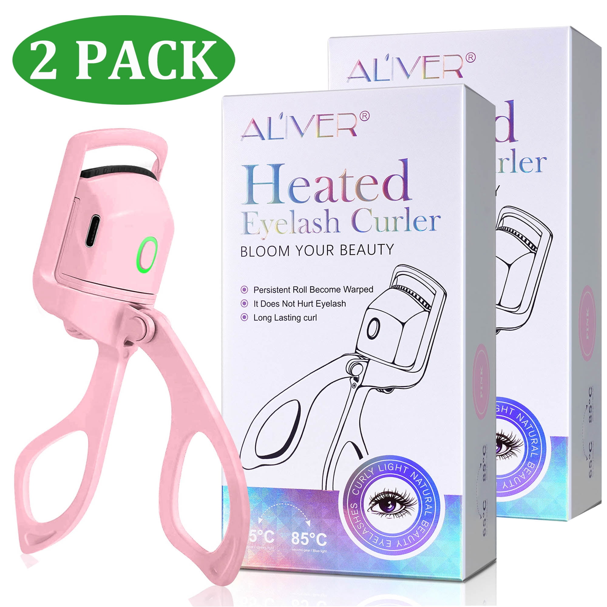 Aliver Heated Eyelash Curler 2 Pack,USB Rechargeable with 2 Heating Modes 24 Hour Long-Lasting Natural Curl, Does Not Hurt Lash (Pink)