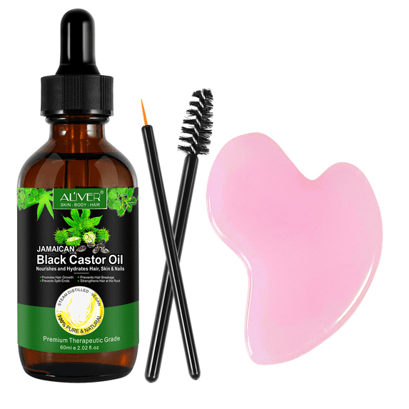Aliver Jamaican Black Castor Oil with Guasha Massage Tool,Natural Massage Oil for Hair, Skin,Nail, Eyebrows and Eyelashes,2.02 oz