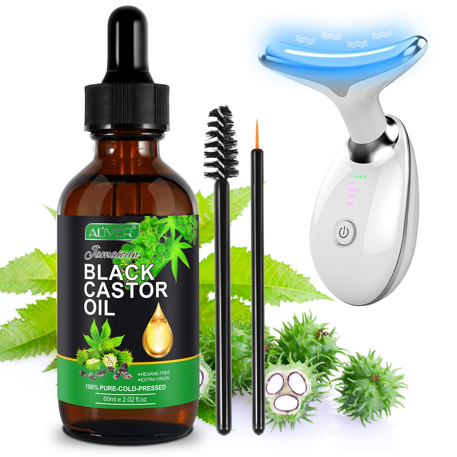 Aliver Jamaican Black Castor Oil with Neck Face Beauty Device Set,Promote Essential Oil Absorption