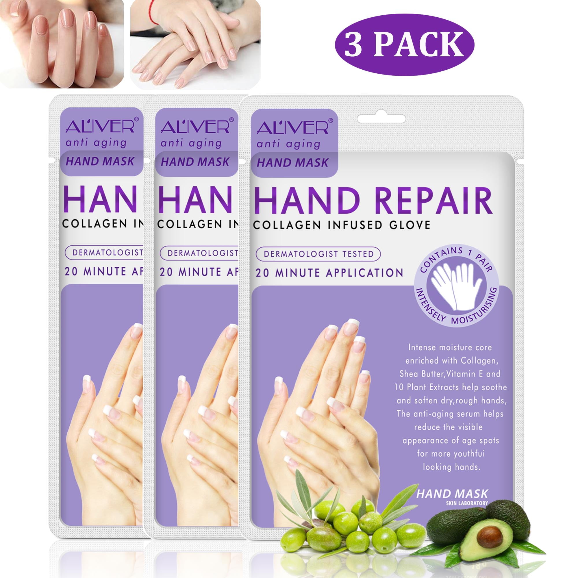 Aliver Lavender Exfoliating Hand Spa Mask - 3 Pack, Collagen Infused Hand Peel Glove Mask,Dead Skin Dry Hands Treatment Care