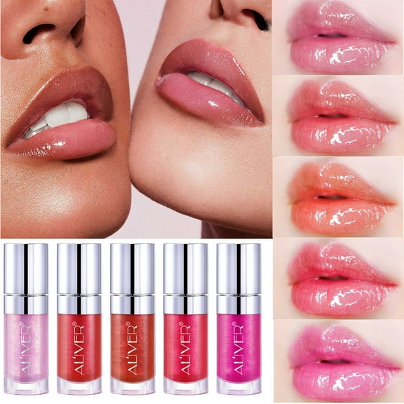 Aliver Lip Gloss 5 Colors Glitter Plumping Lip Glow Oil, Deeply Hydrating, Create Sparkling Watery Lip