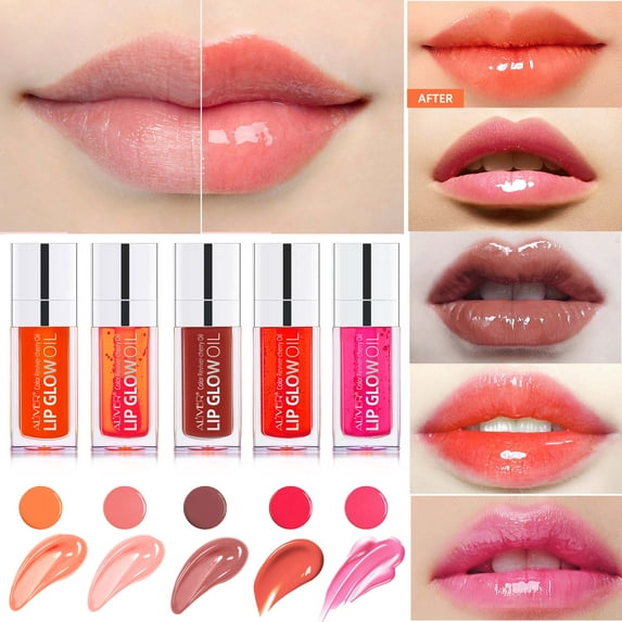 Aliver Lip Gloss 5 Colors Nourishing Plumping Lip Glow Oil, Cherry Oil Infused, For Clear & Shiny Lips, Deep Hydrated & Non Sticky