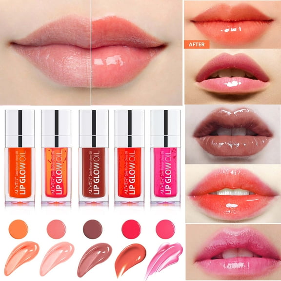 Aliver Lip Gloss 5 Colors Nourishing Plumping Lip Glow Oil, Cherry Oil Infused, For Clear & Shiny Lips, Deep Hydrated & Non Sticky