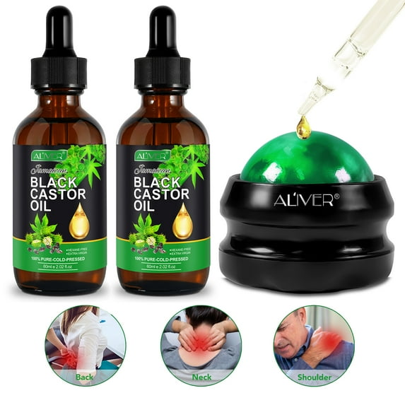 Aliver Massage Roller Ball + 60mlx2 Black Castor Massage Oil Set- Massager Ball with Oil for Sore Muscles, Stress Relief, Skin Care Roller Ball Massager for Muscles Relief, Relax Full Body