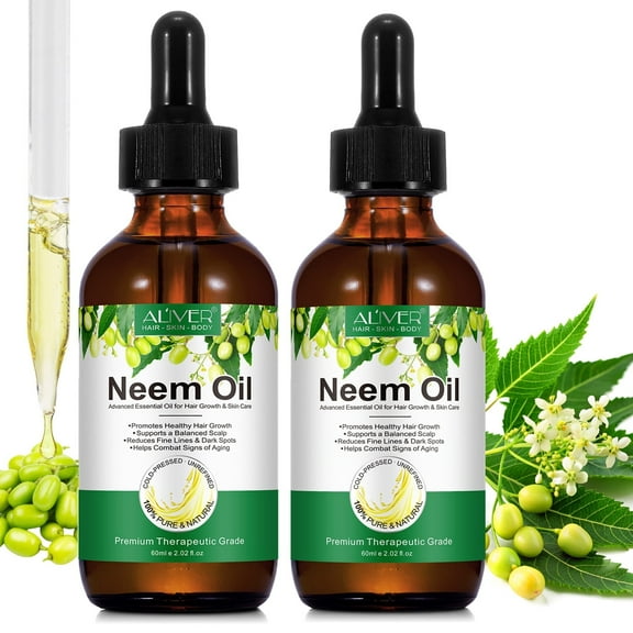 Aliver Neem Oil 60ml Cold-Pressed Unrefined & Nutrient-Rich for Skin, Hair & Body, Anti-Aging, Moisturizer - 2 Packs