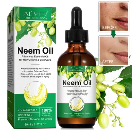 Aliver Neem Oil 60ml - Neem Oil for Skin, Hair & Face, Vitamin E, Help Scalp & Hair Health (2oz, Organic, Cold Pressed) 1 Pack