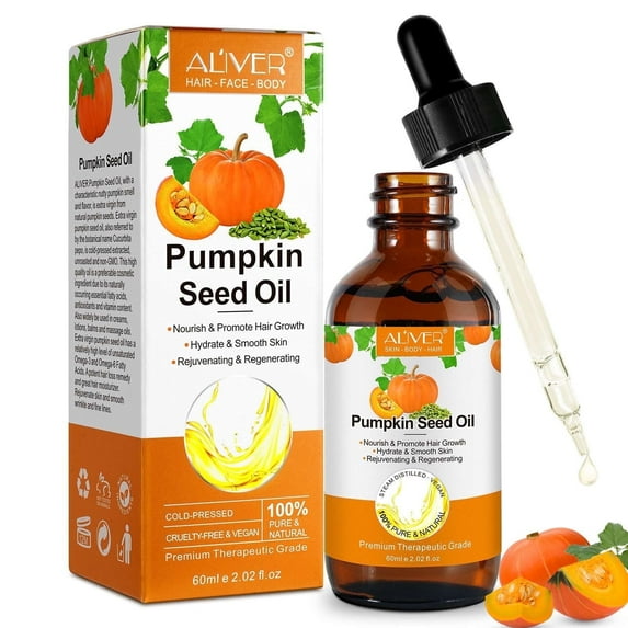 Aliver Organic Cold Pressed Pumpkin Seed Essential Oil, Virgin, Natural Moisturizer for Dry Hair Rough Skin and Nails, Hair Growth, Massage Oil 60ml / 2.02 floz
