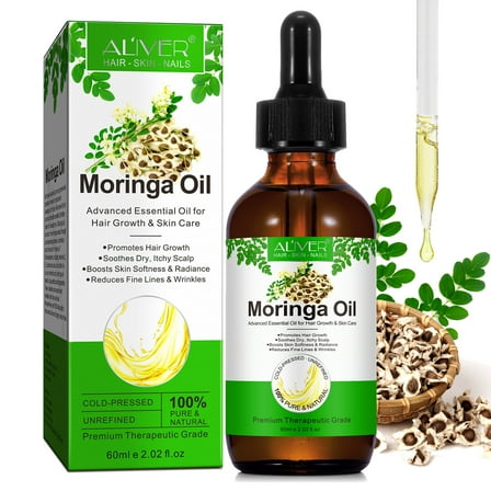 Aliver Organic Moringa Oil, Cold-Pressed Unrefined & Nutrient-Rich for Skin, Hair & Body, Anti-Aging, Moisturizer 2 fl oz