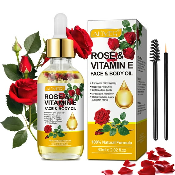 Aliver Organic Rose + Vitamin E Face Oil, 60 mL, Rejuvenate & Enhance Skin, Anti-Aging Moisturizer Facial Oil