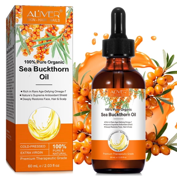 Aliver Organic Sea Buckthorn Oil, 100% Pure Cold-Pressed Berry & Seed Oil for Face, Hair & Nails, Rich in Omega-7 & Antioxidants, Hydrating & Nourishing, 2 fl oz (60 mL)