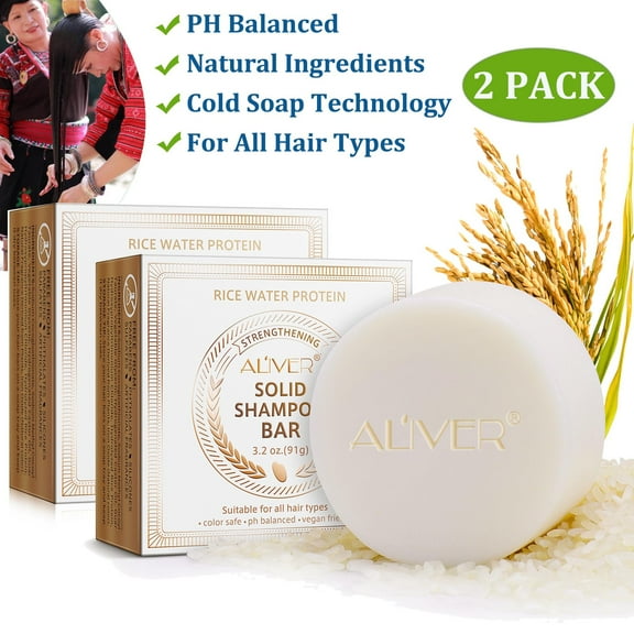 Aliver Rice Shampoo Bar for Healthier Hair 2-Pack, Cold Soap Technology, PH Balanced, with Hydrolyzed Rice Protein, Coconut Oil