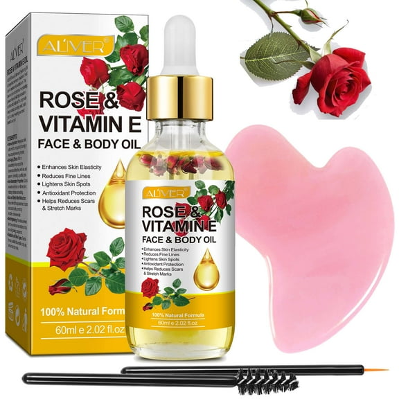 Aliver Rose Vitamin E Oil for Face Body, Rich in Vitamins and Antioxidant, Moisturizer for Dryness, Fine Lines, Scar Skin (Guasha Tool Included)