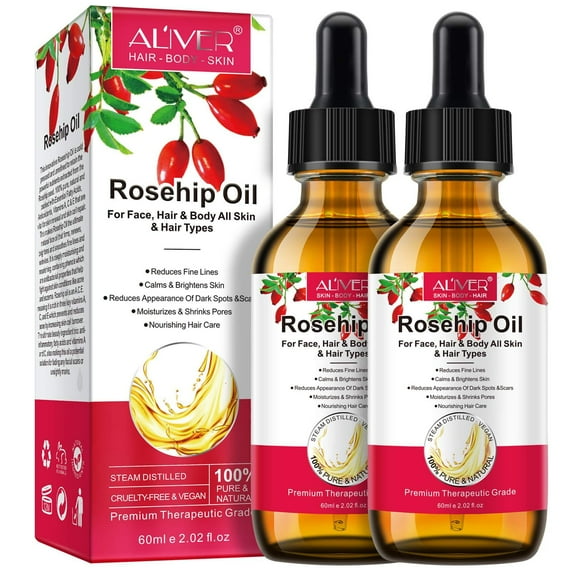 Aliver Rosehip Oil for Hair Care, 100% Pure Natural, Hydrating, Nourishing & Moisturising Organic Rose Hip Oil for Face, Nails, Hair & Body Care (2oz/60mL)- 2pack