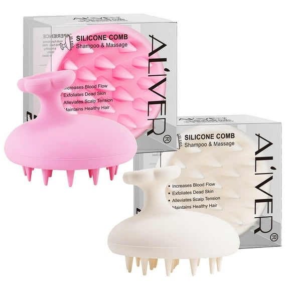 Aliver Silicone Massage Comb, 2Pack Hair Scalp Massager Shampoo Brush, Silicone Bristles for Scalp Scrub, Head Massage, Dandruff Comb Scalp Scrubber Exfoliator - White&Pink
