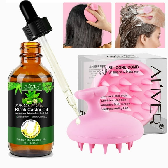 Aliver Silicone Massage Comb & Black Castor Oil Kit, Moisturize & Massage Scalp, Strengthen Hair (Pink)