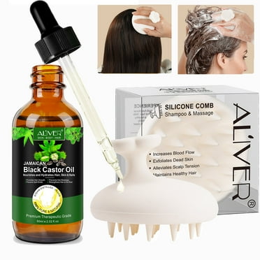 Aliver Silicone Massage Comb & Black Castor Oil Kit, Moisturize & Massage Scalp, Strengthen Hair (White)