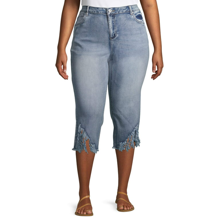 Alivia Ford Women's Plus Size Fray Hem Denim Capri Jeans 