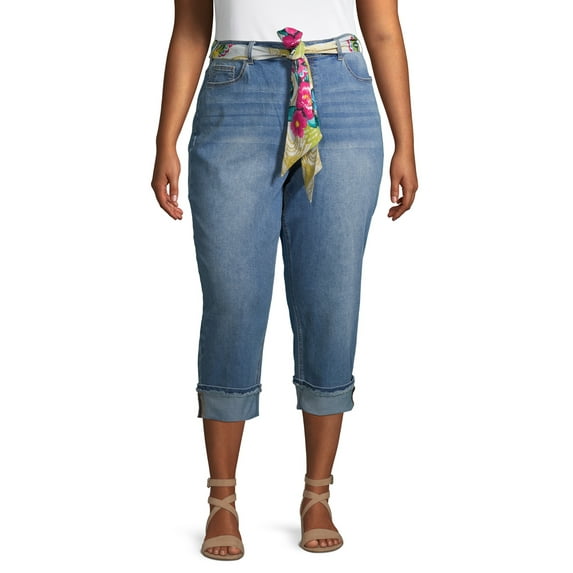 Alivia Ford Women's Plus Size Roll Cuff Denim Capri Jeans with Printed Belt