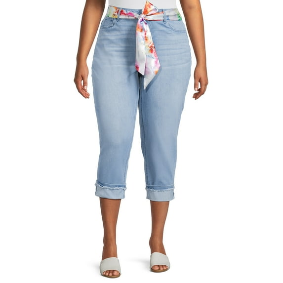 Alivia Ford Women's Plus Size Roll-Cuff Denim Capri with Printed Belt