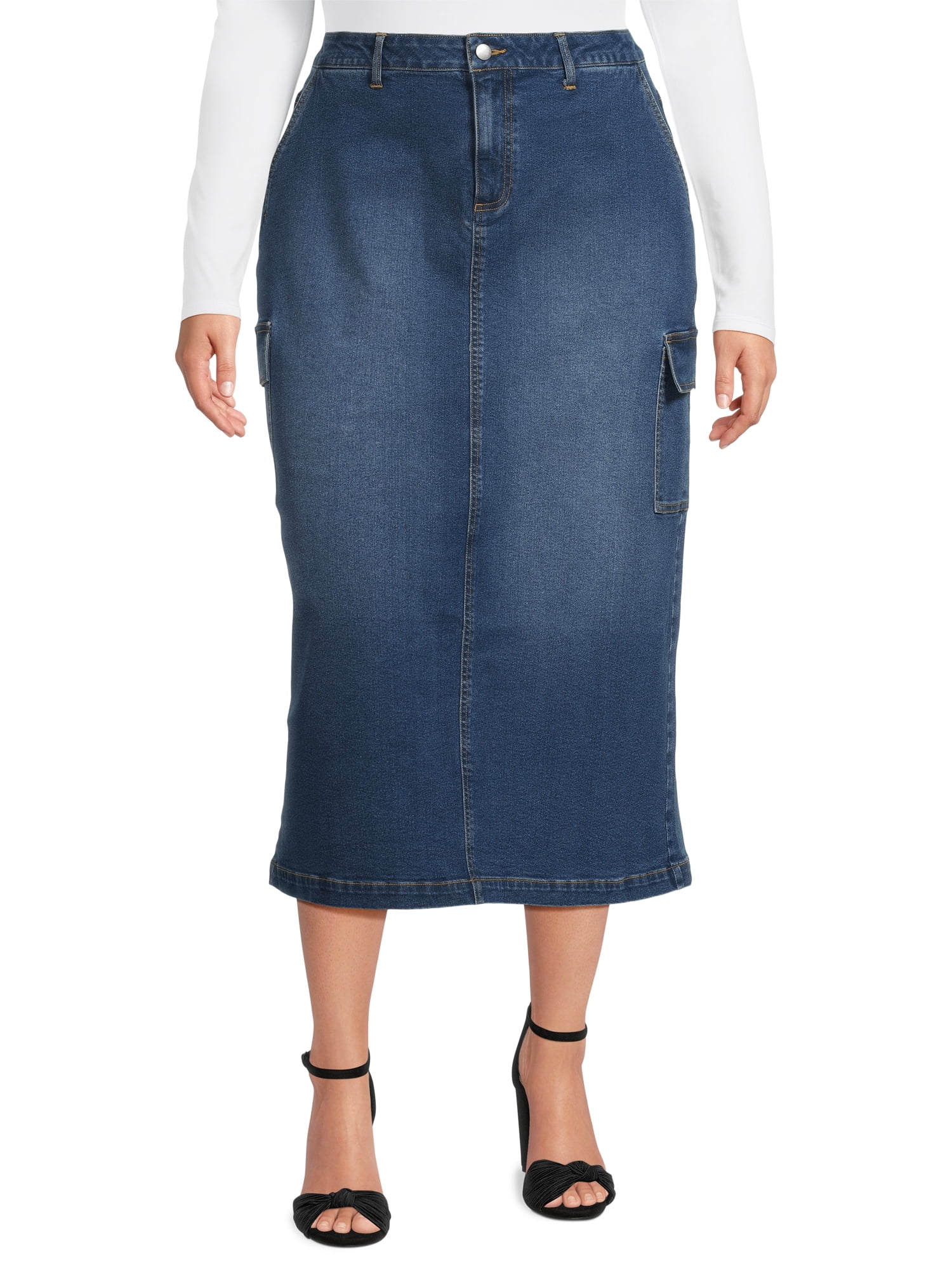 Alivia Ford Women's Plus Denim Midi Skirt with Cargo Pockets