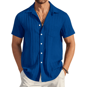 Alivor Mens Stylish Short Sleeve Button-Up Shirt Textured Stripes Casual Blouse with Front Pocket S-XXXL