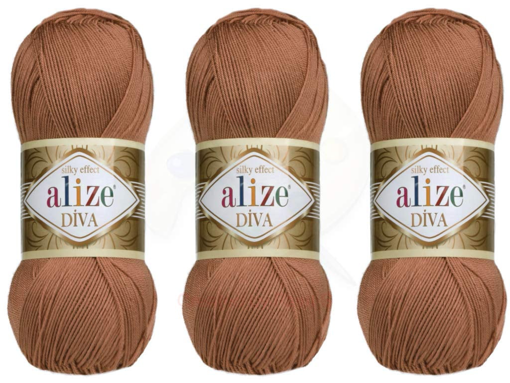 Alize Diva Yarn Hand Knitting Yarn 100% Microfiber Acrylic Yarn Alize Diva  Silk Effect Thread Crochet Art Lace Craft Lot of 3 skeins 400gr 1314yds  Color (261 - Red Brown) 