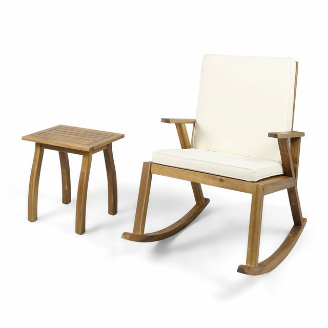 Alize Outdoor Acacia Wood Rocking Chair and Side Table, Teak and Cream