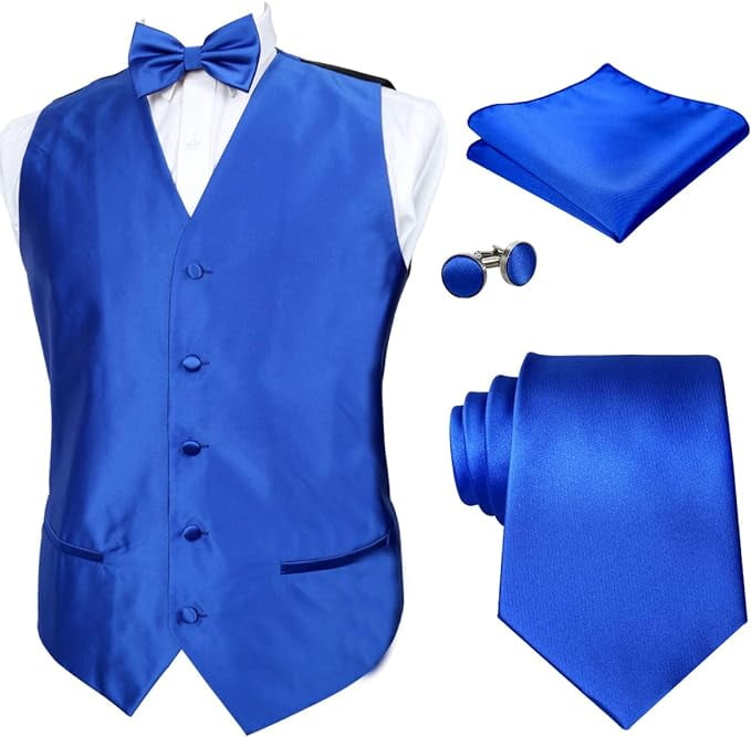 Alizeal Mens klassieke 5 stuks effen kleur satijn pak vest set, Royal