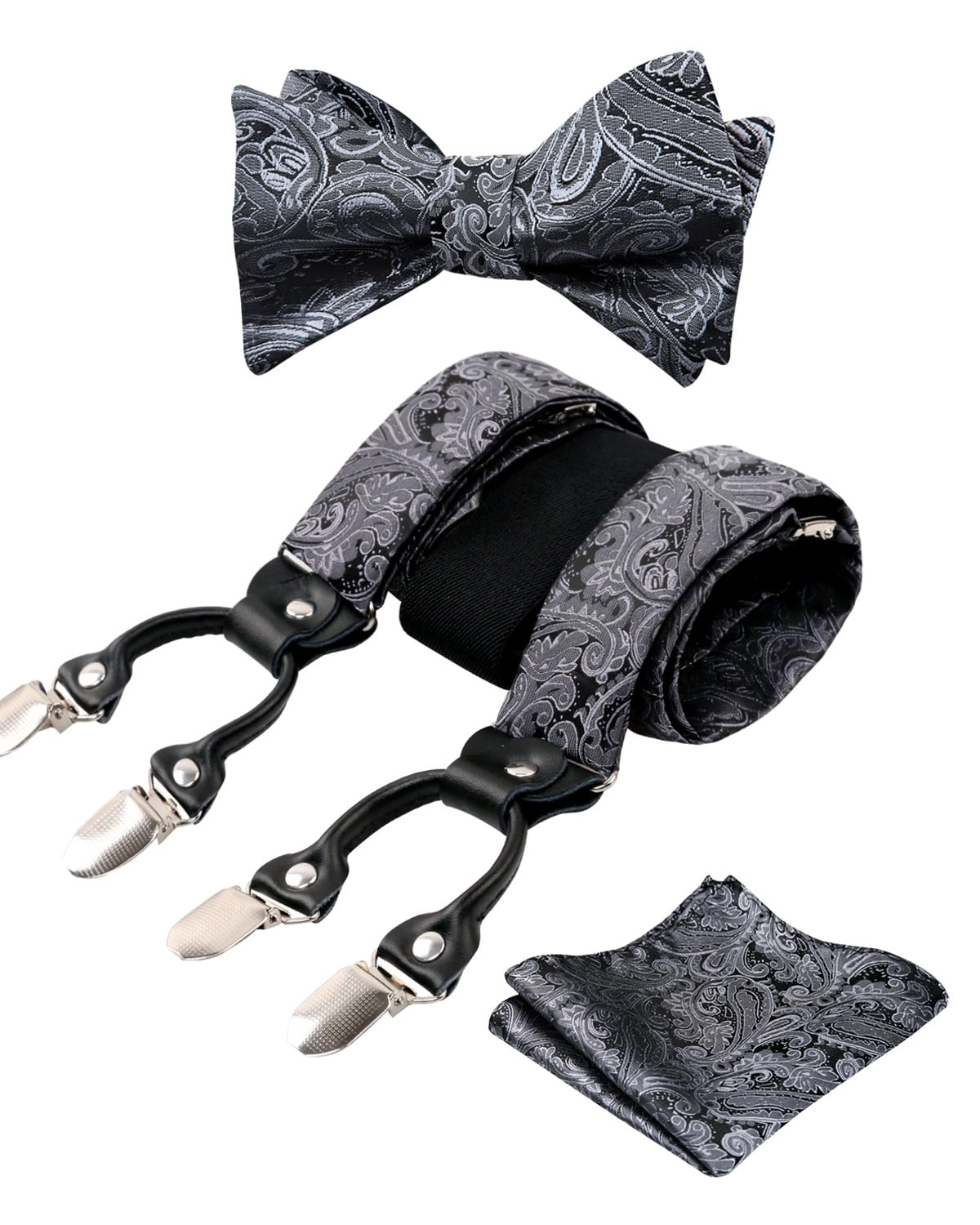Men's Paisley Silver Gray Cummerbund & Bow Tie Set With Pocket Square - Microfiber, Adjustable 26-46" Waist, Formal Wear Accessory 5 thumbnail image