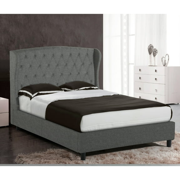 Alka Dark Grey Upholstered Platform Bed with Wings and Button Stitching Accent Queen Size