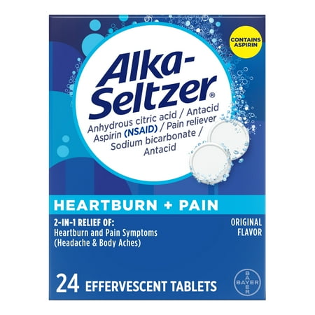 Alka-Seltzer Heartburn Relief and Pain Relief, Aspirin + Antacid Effervescent Tablets, 24 Count
