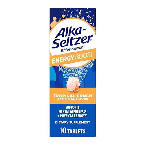 Alka-Seltzer Energy Boost: Caffeine & Guarana, B Vitamins, Supports Mental Alertness and Physical Energy, Daily Energy Supplement, Fizzy Tablets, Sugar-Free, Light Tropical Punch Flavor, 10ct