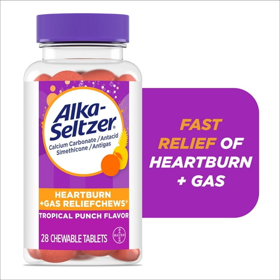 Alka-Seltzer Heartburn + Gas ReliefChews, Antacid Chews for Acid Indigestion Relief, 28 Ct