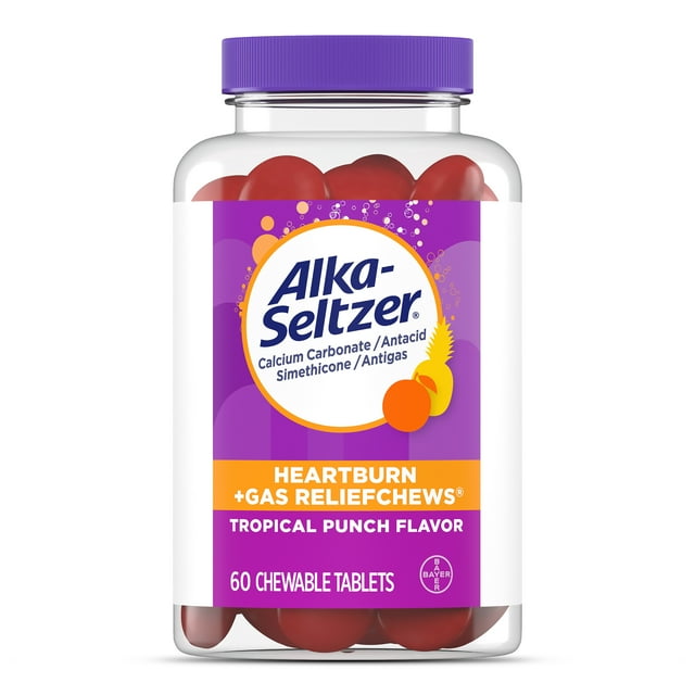 Alka-Seltzer Heartburn Relief + Gas Relief Chews, Tropical Punch 60 Ct